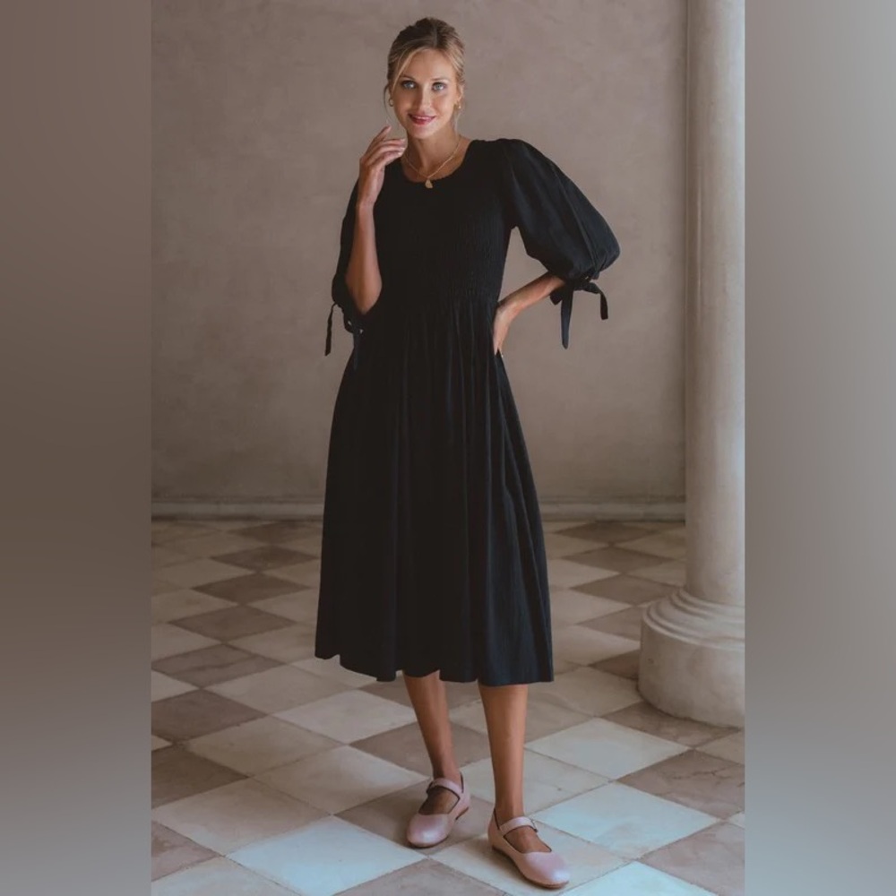 Women’s Shop Dolly ELF Maxi Black Midi Smock Puff Sleeve Linen Dress Size Large